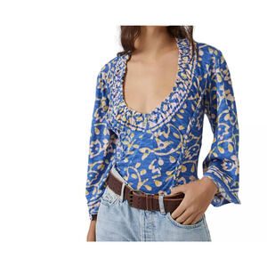 Free People On The Block Printed Cotton Top Medium Blue Smocked Wide Sleeve